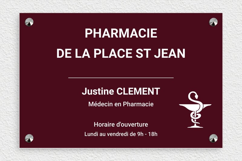 Plaque Pharmacie - PVC - 300 x 200 mm - bordeau-blanc - screws-caps - ppro-pharmacie-002-1