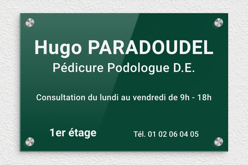 Plaque Podologue  - Plexiglass - 300 x 200 mm - vert-blanc - screws-caps - ppro-podologue-005-5
