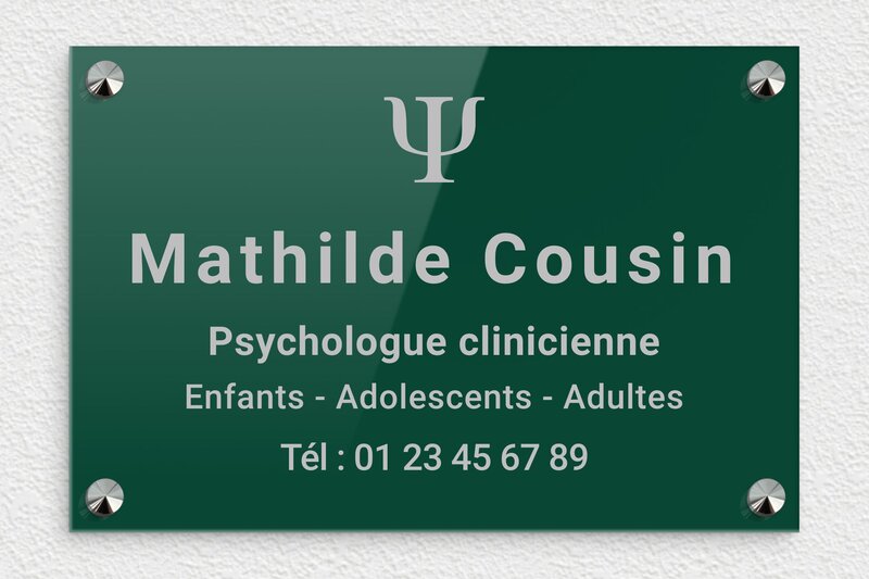 Plaque psychologue - Plexiglass - 300 x 200 mm - vert-argent - screws-caps - ppro-psychologue-001-4