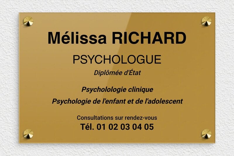 Plaque psychologue - Plexiglass - 300 x 200 mm - or-fonce-noir - screws-caps - ppro-psychologue-002-0