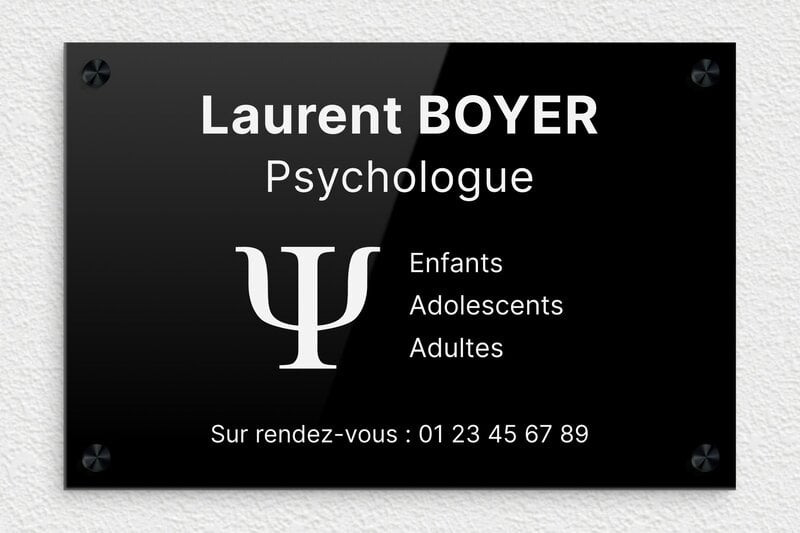 Plaque psychologue - Plexiglass - 300 x 200 mm - noir-blanc - screws-caps - ppro-psychologue-003-0