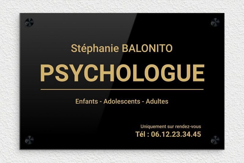 Plaque psychologue - Plexiglass - 300 x 200 mm - noir-or - screws-caps - ppro-psychologue-003-1
