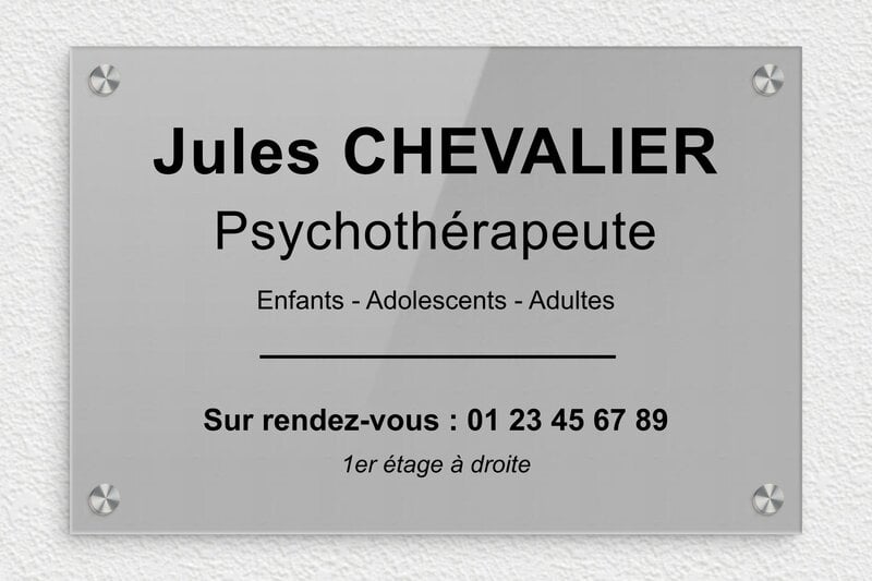 Plaque psychologue - Plexiglass - 300 x 200 mm - gris-noir - screws-caps - ppro-psychologue-004-0