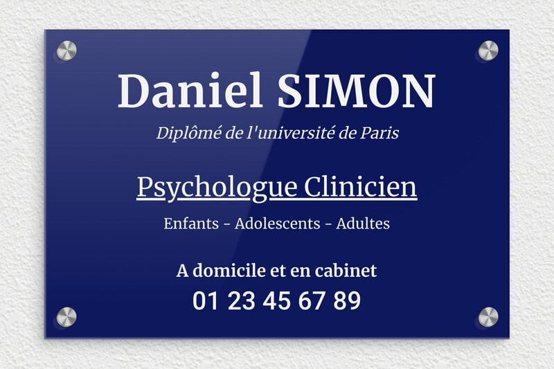 Plaque psychologue - Plexiglass - 300 x 200 mm - bleu-blanc - screws-caps - ppro-psychologue-005-0