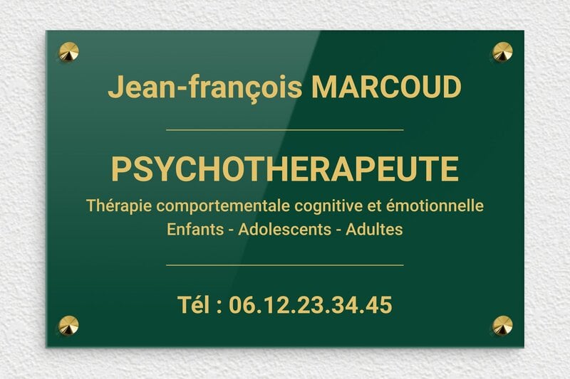 Plaque psychologue - Plexiglass - 300 x 200 mm - vert-or - screws-caps - ppro-psychologue-008-1