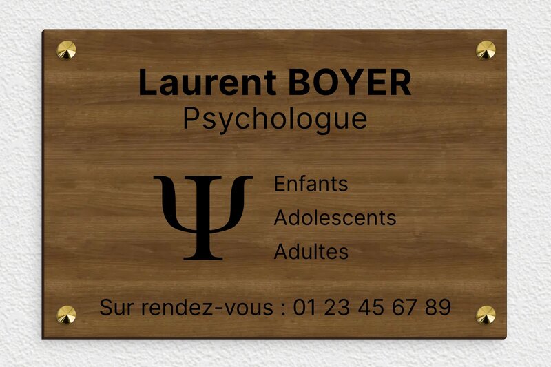Plaque professionnelle en bois - Bois - 300 x 200 mm - noyer - screws-caps - ppro-psychologue-laiton-55