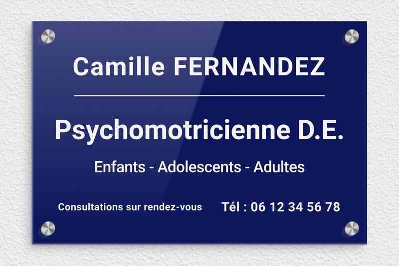 Plaque professionnelle psychomotricien - Plexiglass - 300 x 200 mm - bleu-blanc - screws-caps - ppro-psychomotricien-002-4
