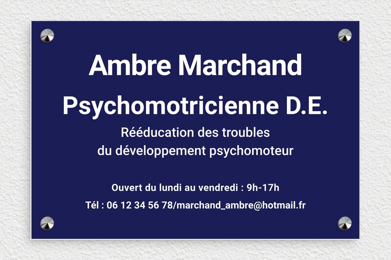 Plaque professionnelle psychomotricien - PVC - 300 x 200 mm - bleu-marine-blanc - screws-caps - ppro-psychomotricien-003-4