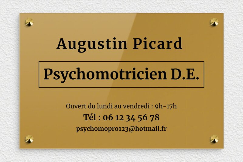 Plaque professionnelle psychomotricien - Plexiglass - 300 x 200 mm - or-fonce-noir - screws-caps - ppro-psychomotricien-005-4