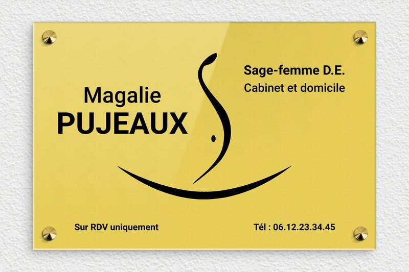 Plaque sage femme - Plexiglass - 300 x 200 mm - or-clair-noir - screws-caps - ppro-safefemme-001-1