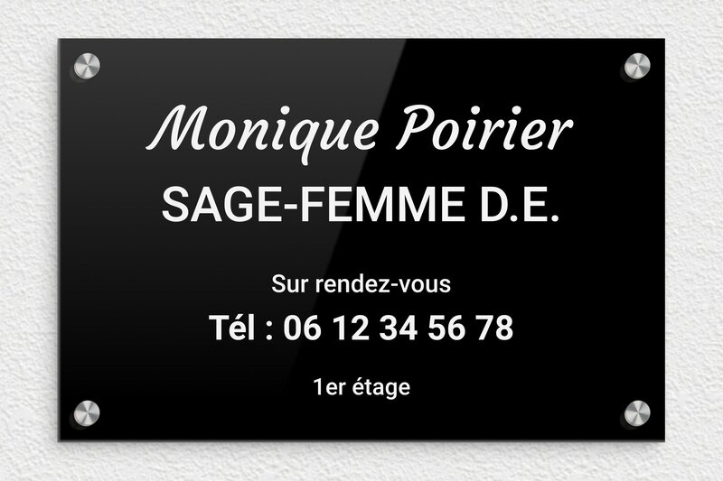 Plaque sage femme - Plexiglass - 300 x 200 mm - noir-blanc - screws-caps - ppro-sage-femme-003-4
