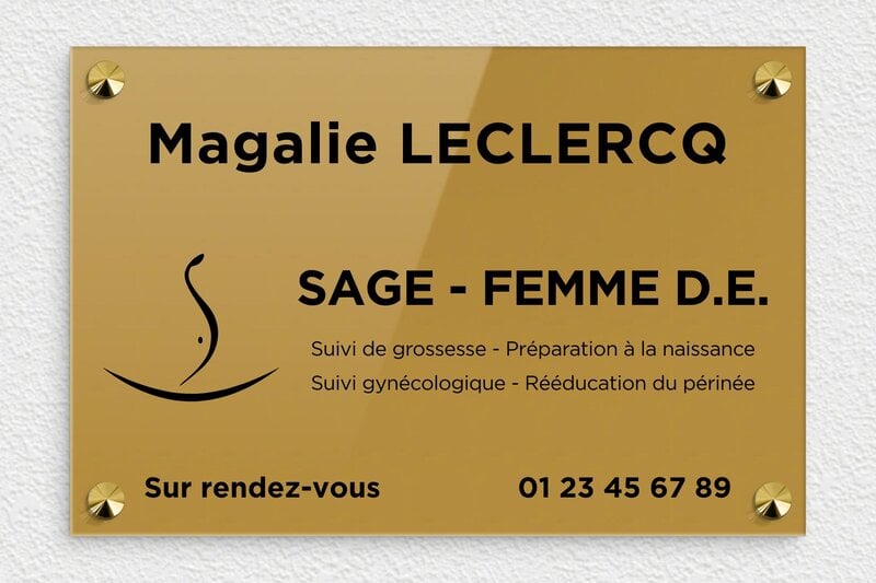 Plaque sage femme - Plexiglass - 300 x 200 mm - or-fonce-noir - screws-caps - ppro-sagefemme-001-0