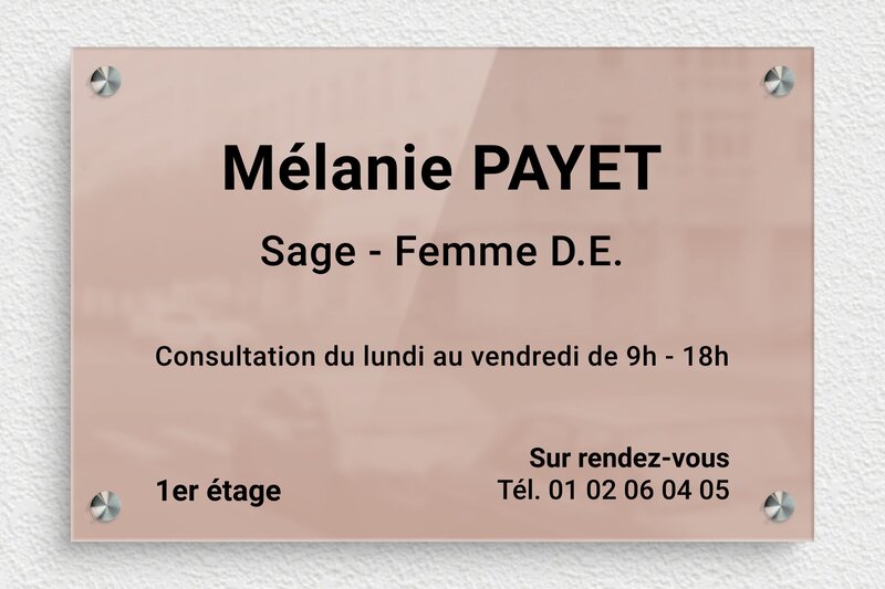 Plaque sage femme - Plexiglass - 300 x 200 mm - miroir-rose-noir - screws-spacer - ppro-sagefemme-002-0