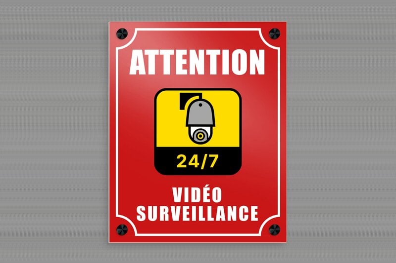 Panneau attention établissement sous video surveillance - Plaque attention vidéo surveillance - 200 x 250 mm - Aluminium - rouge - screws-caps - signparti-alarme-securite-quadri-002-3