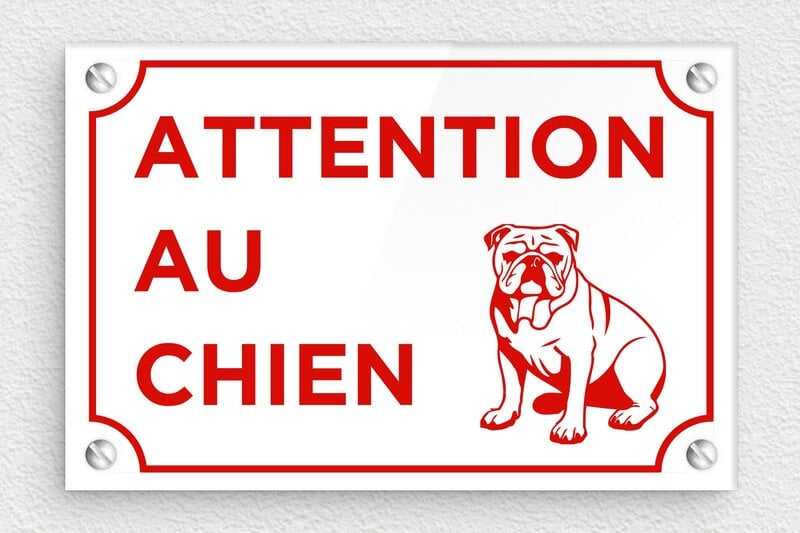 Panneau chien méchant - Plaque de rue attention au chien - 150 x 100 mm - Plexiglass - blanc-rouge - screws - signparti-panneau-attention-chien-bouledogue-009-3