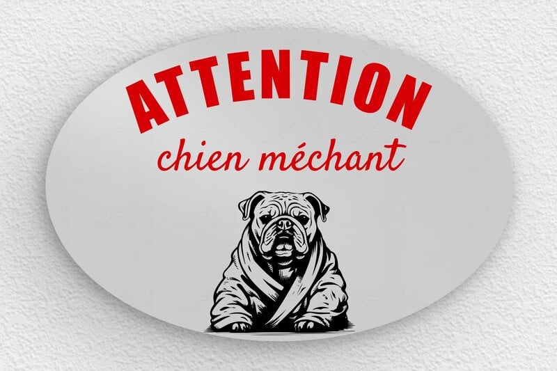 Attention au chien - Plaque ovale chien méchant - 150 x 100 mm - Aluminium - anodise - glue - signparti-panneau-attention-chien-bouledogue-010-3