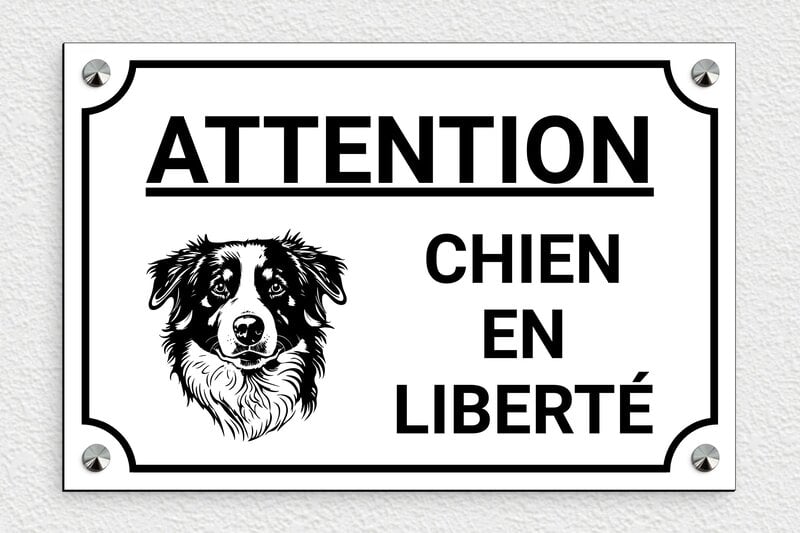 Plaque de rue attention chien en liberté - 300 x 200 mm - PVC - blanc-noir - screws-caps - signparti-panneau-attention-chien-bouvierbernois-010-3
