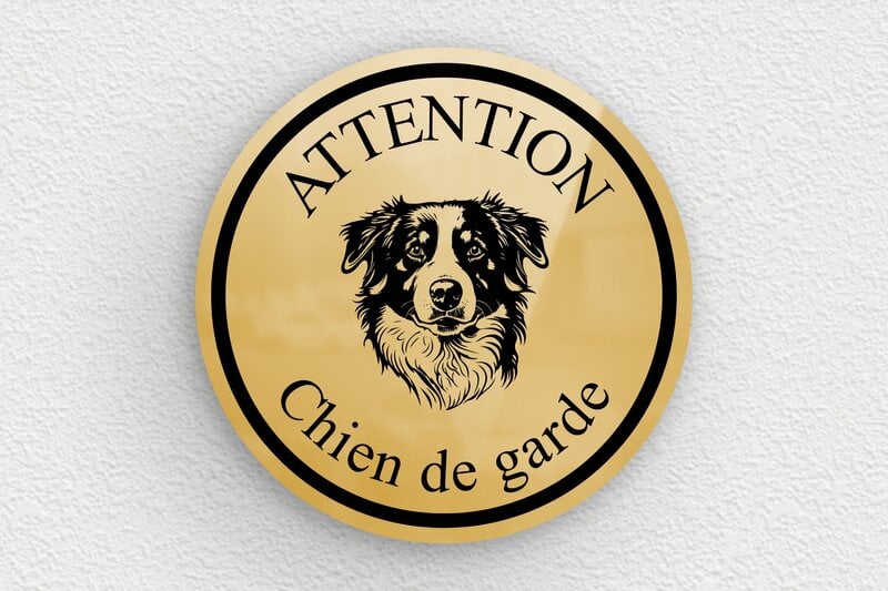 Plaque ronde attention chien de garde - 100 x 100 mm - Laiton - poli - glue - signparti-panneau-attention-chien-bouvierbernois-011-3