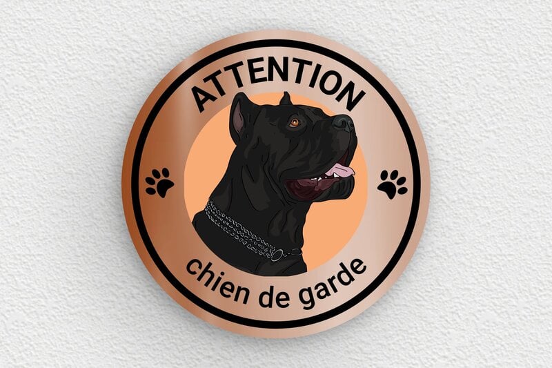 Chien Cane Corso - Plaque ronde attention chien de garde - 100 x 100 mm - PVC - cuivre-noir - glue - signparti-panneau-attention-chien-cane-corso-004-3