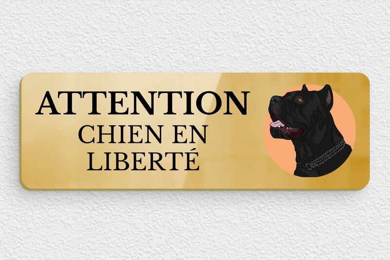 Panneau chien méchant - Attention chien en liberté - 150 x 50 mm - Laiton - poli - glue - signparti-panneau-attention-chien-cane-corso-007-3
