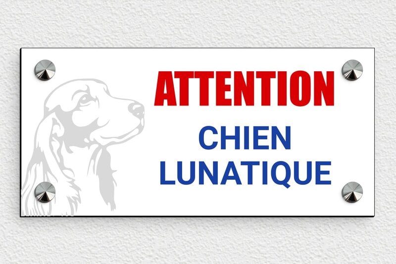 Attention au chien - Plaque attention chien lunatique - 210 x 100 mm - PVC - custom - screws-caps - signparti-panneau-attention-chien-humour-002-3