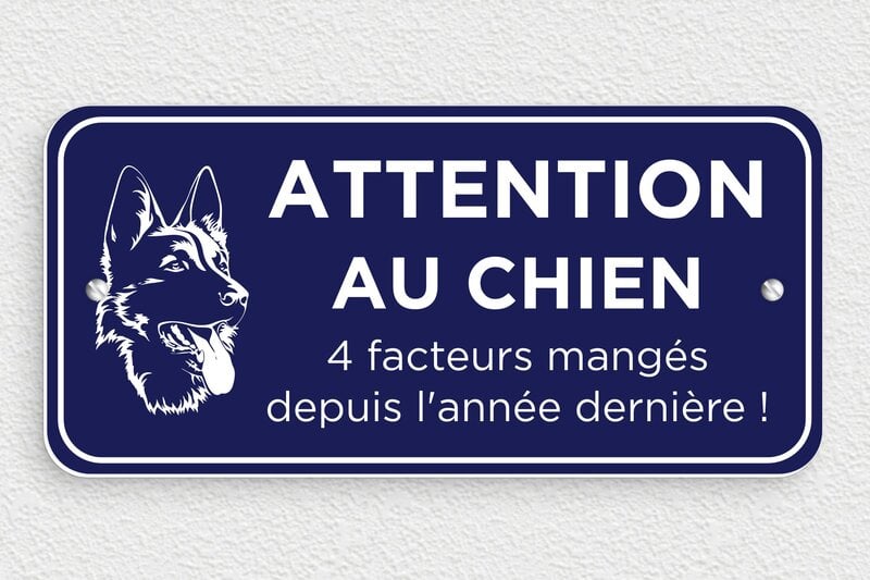 Chien humour - Plaque attention au chien humoristique - 210 x 100 mm - PVC - bleu-marine-blanc - screws - signparti-panneau-attention-chien-humour-005-1