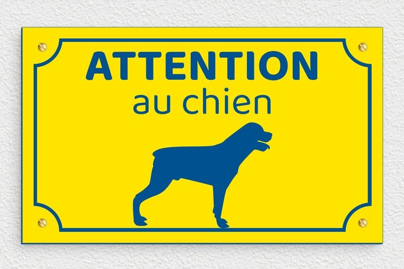 Plaque attention au chien - 250 x 150 mm - PVC - jaune-bleu - screws - signparti-panneau-attention-chien-rottweiler-009-3