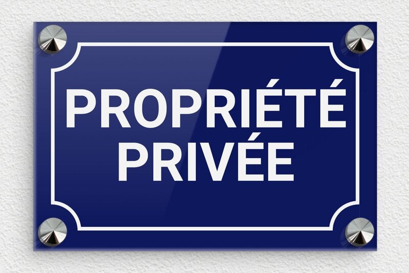 Plaque propriété privée - 150 x 100 mm - Plexiglass - bleu-blanc - screws-caps - signparti-panneau-prive-034-1