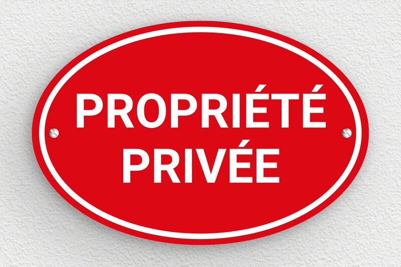 Plaque propriété privée - Plaque ovale propriété privée - 210 x 140 mm - PVC - rouge-blanc - screws - signparti-panneau-prive-037-1