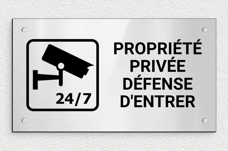 Panneau maison sous surveillance - Plaque propriété privée défense d’entrer - 250 x 140 mm - PVC - gris-brillant-noir - screws - signparti-panneau-prive-video-007-1