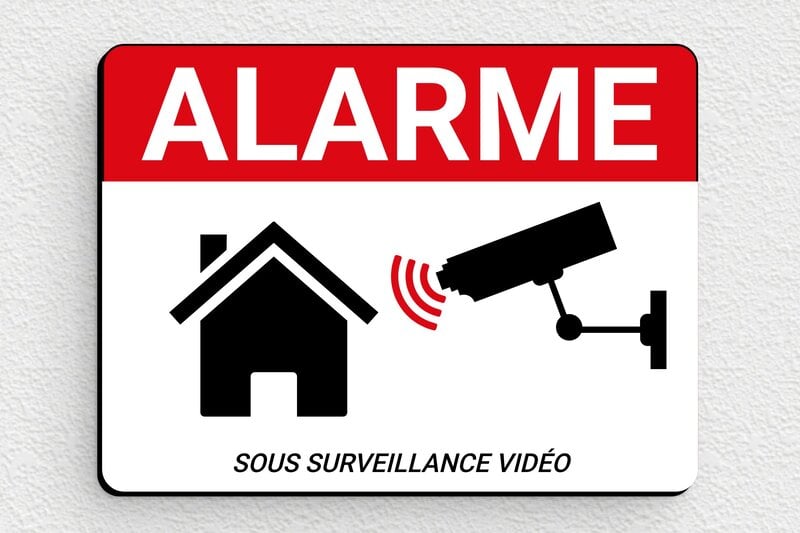 Panneau maison sous surveillance - Plaque alarme sous surveillance vidéo - 80 x 60 mm - PVC - custom - glue - signparti-panneau-surveillance-alarme-autocollant-003-1