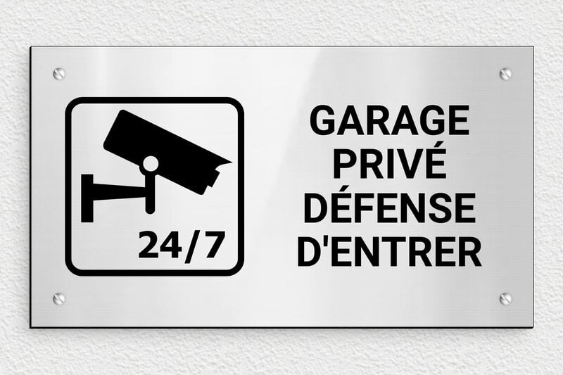 Plaque garage privé défense d’entrer - 250 x 140 mm - PVC - gris-brillant-noir - screws - signparti-panneau-surveillance-garage-007-1