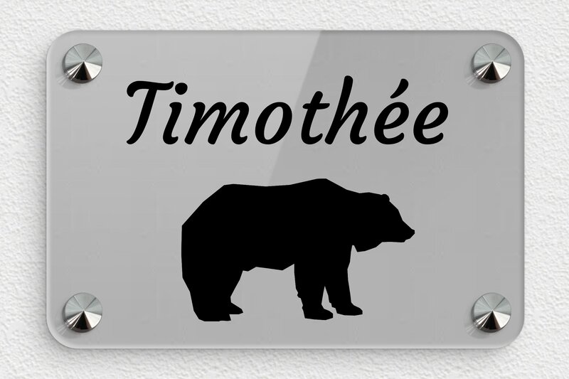 Plaque de porte animaux - Plexiglass - 150 x 100 mm - gris-noir - screws-caps - signparti-porte-animaux-ourson-001-1