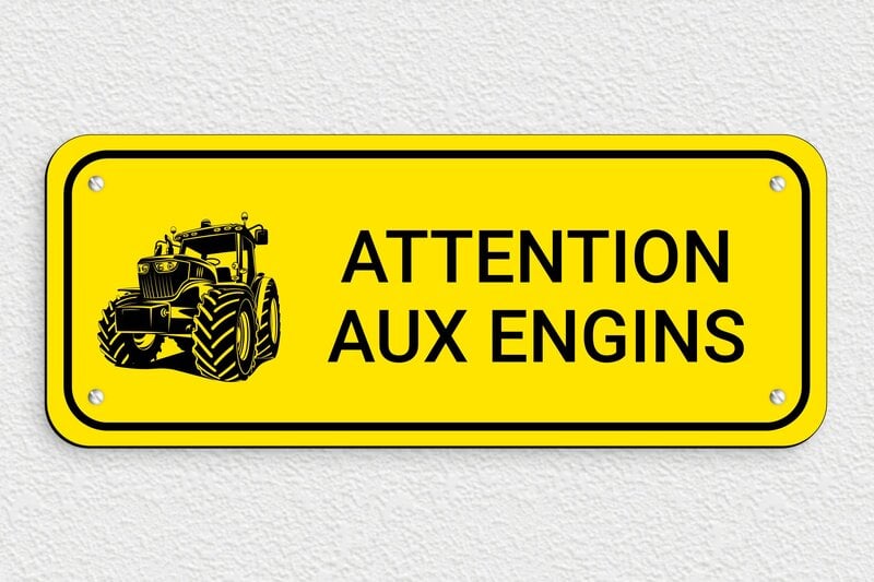 Panneau avertissement - Panneau attention aux engins - 300 x 120 mm - PVC - jaune-noir - screws - signparti-porte-tracteur-003-1