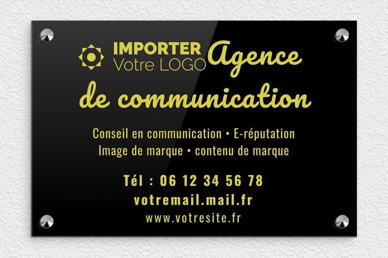 Plaque pro agence de communication - Plexiglass - 300 x 200 mm - noir-jaune - screws-caps - signpro-communication-002-4