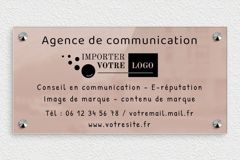 Plaque pro agence de communication - Plexiglass - 300 x 150 mm - miroir-rose-noir - screws-caps - signpro-communication-003-4