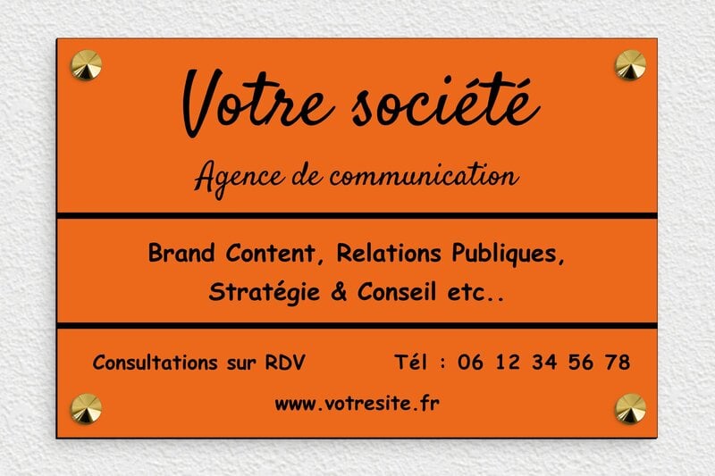 Plaque pro agence de communication - PVC - 300 x 200 mm - orange-noir - screws-caps - signpro-communication-004-4