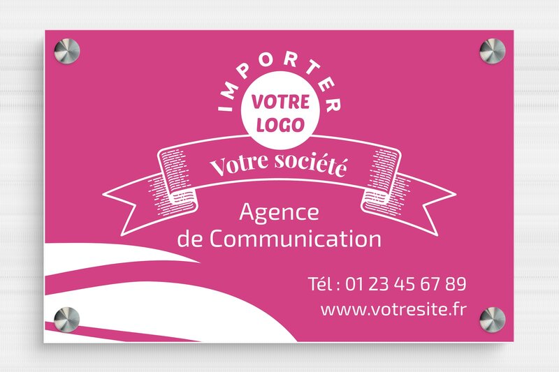 Plaque pro agence de communication - PVC - 300 x 200 mm - rose-blanc - screws-spacer - signpro-communication-005-4