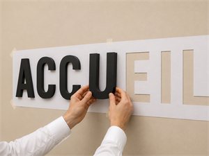 Pose de lettres adhésives au mur à l’aide du gabarit