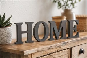 Lettres découpées posées librement sur un meuble en bois